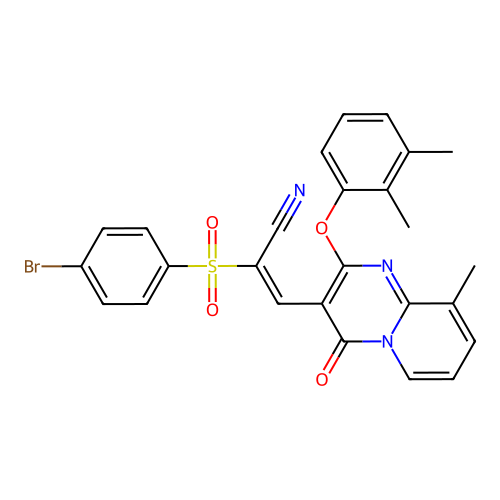 (2E)-2-[(4-bromophenyl)sulfonyl]-3-[2-(2,3-dimethylphenoxy)-9-methyl-4-oxo-4H-pyrido[1,2-a]pyrimidin-3-yl]prop-2-enenitrile structure