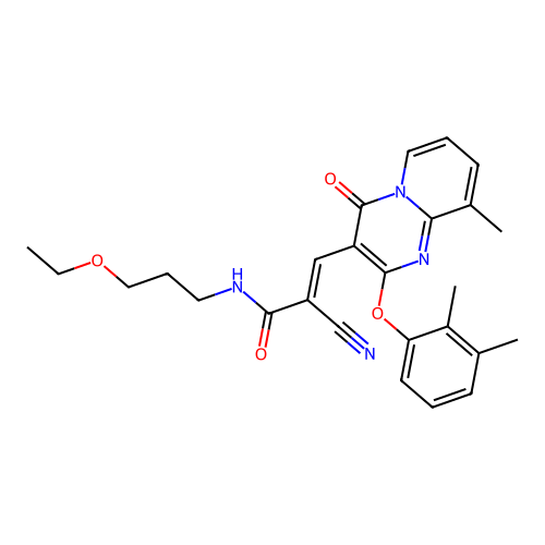 (2E)-2-cyano-3-[2-(2,3-dimethylphenoxy)-9-methyl-4-oxo-4H-pyrido[1,2-a]pyrimidin-3-yl]-N-(3-ethoxypropyl)prop-2-enamide structure