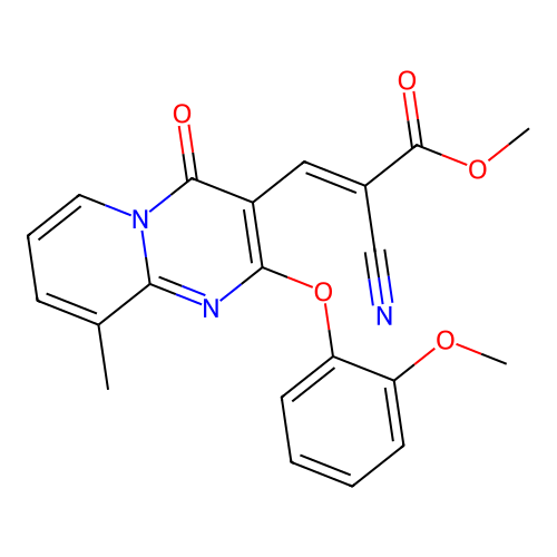 methyl (2E)-2-cyano-3-[2-(2-methoxyphenoxy)-9-methyl-4-oxo-4H-pyrido[1,2-a]pyrimidin-3-yl]prop-2-enoate structure