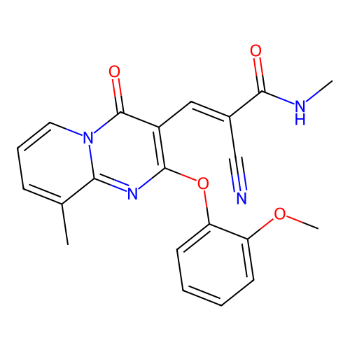 (2E)-2-cyano-3-[2-(2-methoxyphenoxy)-9-methyl-4-oxo-4H-pyrido[1,2-a]pyrimidin-3-yl]-N-methylprop-2-enamide structure