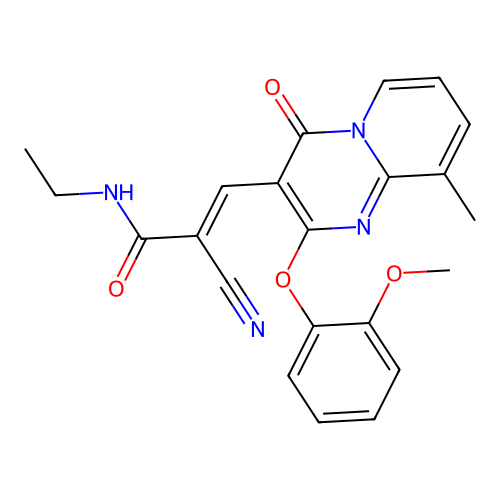 (2E)-2-cyano-N-ethyl-3-[2-(2-methoxyphenoxy)-9-methyl-4-oxo-4H-pyrido[1,2-a]pyrimidin-3-yl]prop-2-enamide structure
