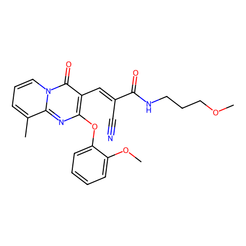 (2E)-2-cyano-3-[2-(2-methoxyphenoxy)-9-methyl-4-oxo-4H-pyrido[1,2-a]pyrimidin-3-yl]-N-(3-methoxypropyl)prop-2-enamide structure