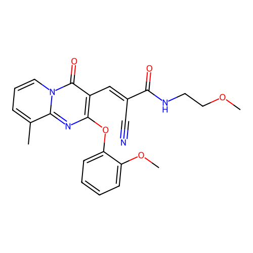 (2E)-2-cyano-N-(2-methoxyethyl)-3-[2-(2-methoxyphenoxy)-9-methyl-4-oxo-4H-pyrido[1,2-a]pyrimidin-3-yl]prop-2-enamide structure
