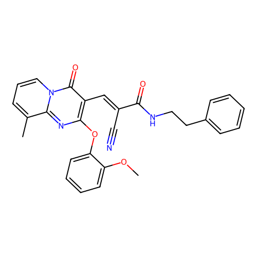 (2E)-2-cyano-3-[2-(2-methoxyphenoxy)-9-methyl-4-oxo-4H-pyrido[1,2-a]pyrimidin-3-yl]-N-(2-phenylethyl)prop-2-enamide structure
