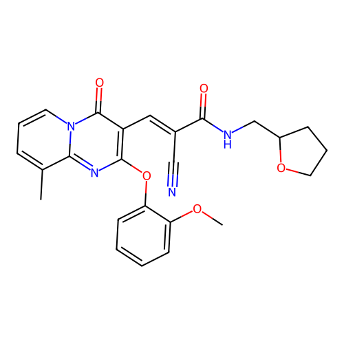 (2E)-2-cyano-3-[2-(2-methoxyphenoxy)-9-methyl-4-oxo-4H-pyrido[1,2-a]pyrimidin-3-yl]-N-(tetrahydrofuran-2-ylmethyl)prop-2-enamide structure