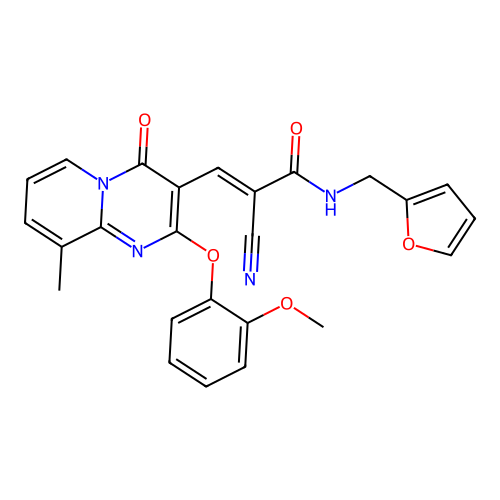(2E)-2-cyano-N-(furan-2-ylmethyl)-3-[2-(2-methoxyphenoxy)-9-methyl-4-oxo-4H-pyrido[1,2-a]pyrimidin-3-yl]prop-2-enamide structure