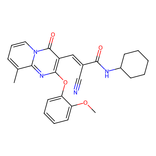 (2E)-2-cyano-N-cyclohexyl-3-[2-(2-methoxyphenoxy)-9-methyl-4-oxo-4H-pyrido[1,2-a]pyrimidin-3-yl]prop-2-enamide structure