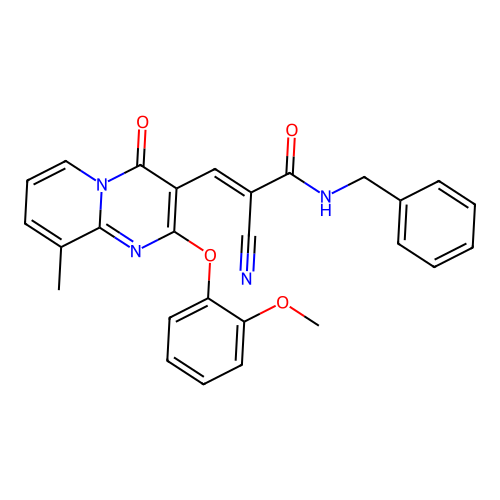 (2E)-N-benzyl-2-cyano-3-[2-(2-methoxyphenoxy)-9-methyl-4-oxo-4H-pyrido[1,2-a]pyrimidin-3-yl]prop-2-enamide structure