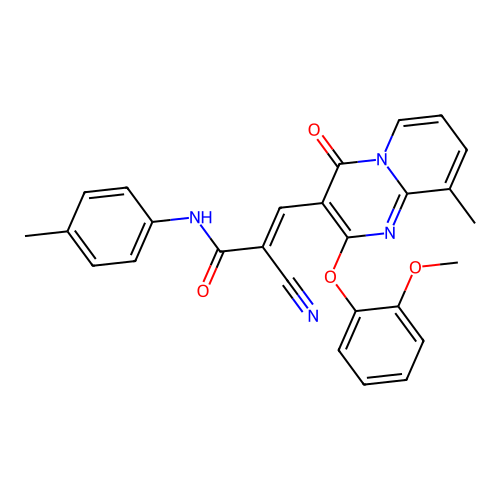 (2E)-2-cyano-3-[2-(2-methoxyphenoxy)-9-methyl-4-oxo-4H-pyrido[1,2-a]pyrimidin-3-yl]-N-(4-methylphenyl)prop-2-enamide structure