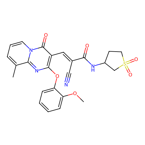 (2E)-2-cyano-N-(1,1-dioxidotetrahydrothiophen-3-yl)-3-[2-(2-methoxyphenoxy)-9-methyl-4-oxo-4H-pyrido[1,2-a]pyrimidin-3-yl]prop-2-enamide structure