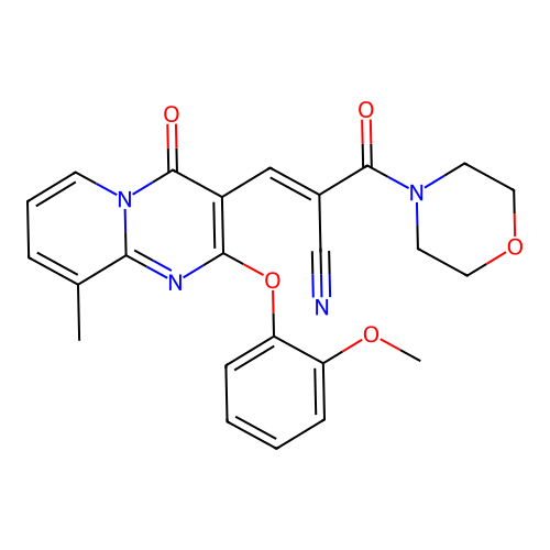(2E)-3-[2-(2-methoxyphenoxy)-9-methyl-4-oxo-4H-pyrido[1,2-a]pyrimidin-3-yl]-2-(morpholin-4-ylcarbonyl)prop-2-enenitrile structure