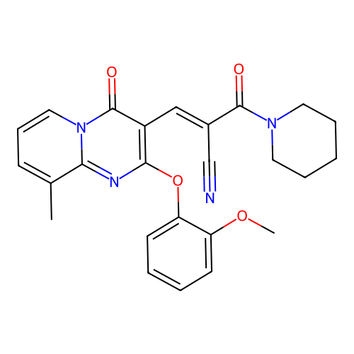 (2E)-3-[2-(2-methoxyphenoxy)-9-methyl-4-oxo(5-hydropyridino[1,2-a]pyrimidin-3- yl)]-2-(piperidylcarbonyl)prop-2-enenitrile structure