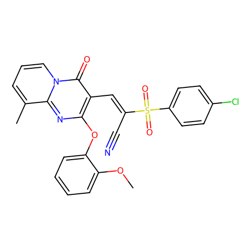 (2E)-2-[(4-chlorophenyl)sulfonyl]-3-[2-(2-methoxyphenoxy)-9-methyl-4-oxo-4H-pyrido[1,2-a]pyrimidin-3-yl]prop-2-enenitrile structure