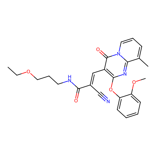 (2E)-2-cyano-N-(3-ethoxypropyl)-3-[2-(2-methoxyphenoxy)-9-methyl-4-oxo-4H-pyrido[1,2-a]pyrimidin-3-yl]prop-2-enamide structure