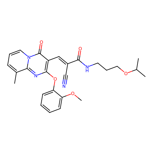 (2E)-2-cyano-3-[2-(2-methoxyphenoxy)-9-methyl-4-oxo-4H-pyrido[1,2-a]pyrimidin-3-yl]-N-[3-(propan-2-yloxy)propyl]prop-2-enamide structure