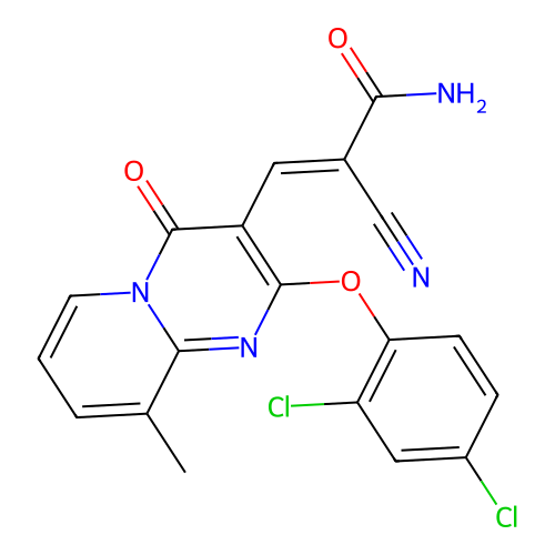 (2E)-2-cyano-3-[2-(2,4-dichlorophenoxy)-9-methyl-4-oxo-4H-pyrido[1,2-a]pyrimidin-3-yl]prop-2-enamide structure