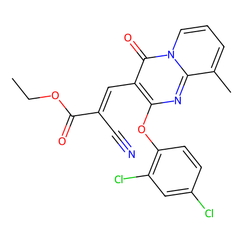 (E)-ethyl 2-cyano-3-(2-(2,4-dichlorophenoxy)-9-methyl-4-oxo-4H-pyrido[1,2-a]pyrimidin-3-yl)acrylate structure