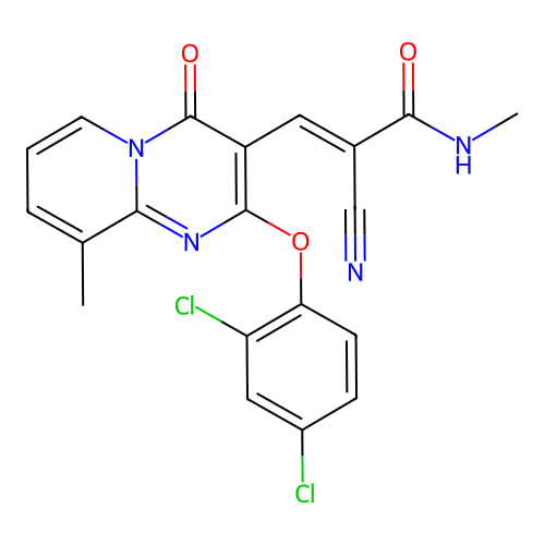 (2E)-2-cyano-3-[2-(2,4-dichlorophenoxy)-9-methyl-4-oxo-4H-pyrido[1,2-a]pyrimidin-3-yl]-N-methylprop-2-enamide structure