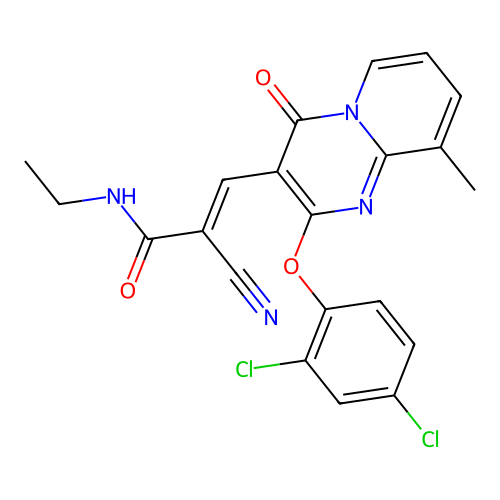 (2E)-2-cyano-3-[2-(2,4-dichlorophenoxy)-9-methyl-4-oxo-4H-pyrido[1,2-a]pyrimidin-3-yl]-N-ethylprop-2-enamide structure