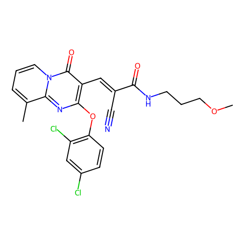 (2E)-2-cyano-3-[2-(2,4-dichlorophenoxy)-9-methyl-4-oxo-4H-pyrido[1,2-a]pyrimidin-3-yl]-N-(3-methoxypropyl)prop-2-enamide structure