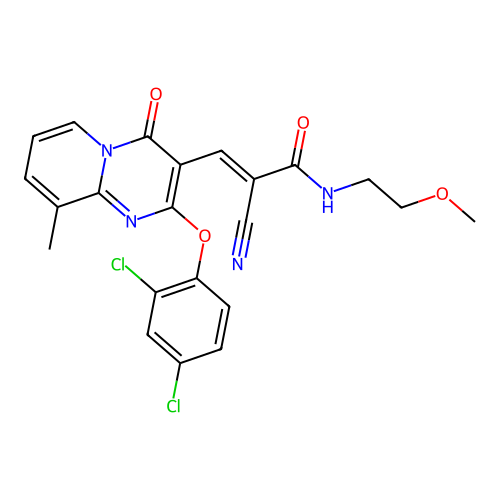 (2E)-2-cyano-3-[2-(2,4-dichlorophenoxy)-9-methyl-4-oxo-4H-pyrido[1,2-a]pyrimidin-3-yl]-N-(2-methoxyethyl)prop-2-enamide structure