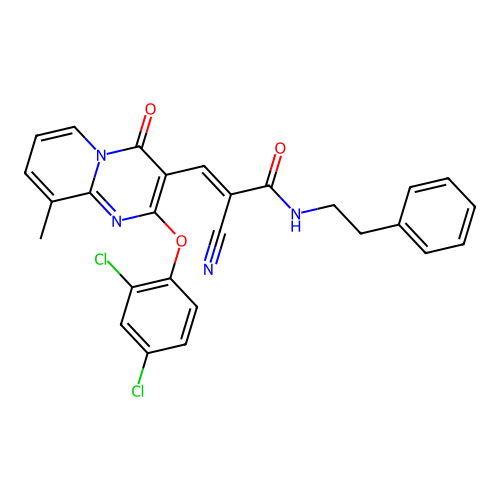 (2E)-2-cyano-3-[2-(2,4-dichlorophenoxy)-9-methyl-4-oxo-4H-pyrido[1,2-a]pyrimidin-3-yl]-N-(2-phenylethyl)prop-2-enamide structure