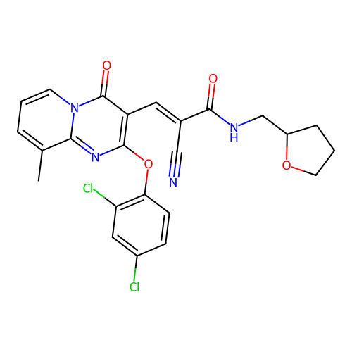 (2E)-2-cyano-3-[2-(2,4-dichlorophenoxy)-9-methyl-4-oxo-4H-pyrido[1,2-a]pyrimidin-3-yl]-N-(tetrahydrofuran-2-ylmethyl)prop-2-enamide structure