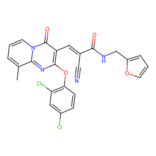 (2E)-2-cyano-3-[2-(2,4-dichlorophenoxy)-9-methyl-4-oxo-4H-pyrido[1,2-a]pyrimidin-3-yl]-N-(furan-2-ylmethyl)prop-2-enamide structure