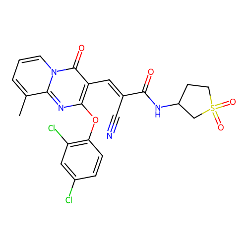 (2E)-2-cyano-3-[2-(2,4-dichlorophenoxy)-9-methyl-4-oxo-4H-pyrido[1,2-a]pyrimidin-3-yl]-N-(1,1-dioxidotetrahydrothiophen-3-yl)prop-2-enamide structure