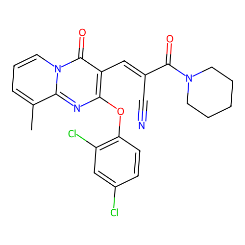 (2E)-3-[2-(2,4-dichlorophenoxy)-9-methyl-4-oxo-4H-pyrido[1,2-a]pyrimidin-3-yl]-2-(piperidin-1-ylcarbonyl)prop-2-enenitrile structure