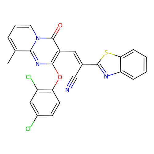(2E)-2-(1,3-benzothiazol-2-yl)-3-[2-(2,4-dichlorophenoxy)-9-methyl-4-oxo-4H-pyrido[1,2-a]pyrimidin-3-yl]prop-2-enenitrile structure