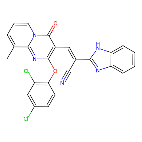 (2E)-2-(1H-benzimidazol-2-yl)-3-[2-(2,4-dichlorophenoxy)-9-methyl-4-oxo-4H-pyrido[1,2-a]pyrimidin-3-yl]prop-2-enenitrile structure
