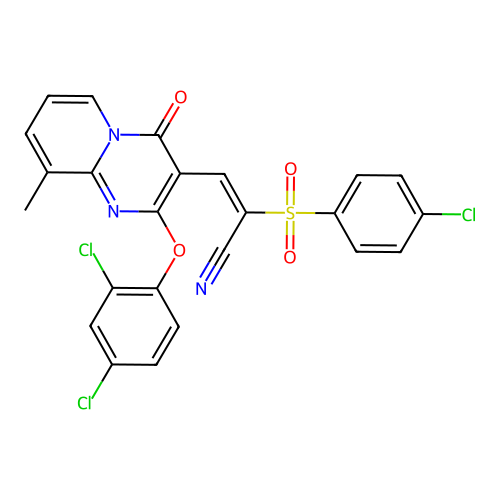 (2E)-2-[(4-chlorophenyl)sulfonyl]-3-[2-(2,4-dichlorophenoxy)-9-methyl-4-oxo-4H-pyrido[1,2-a]pyrimidin-3-yl]prop-2-enenitrile structure