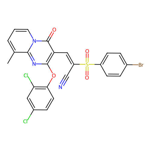 (E)-2-((4-bromophenyl)sulfonyl)-3-(2-(2,4-dichlorophenoxy)-9-methyl-4-oxo-4H-pyrido[1,2-a]pyrimidin-3-yl)acrylonitrile structure