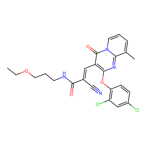 (2E)-2-cyano-3-[2-(2,4-dichlorophenoxy)-9-methyl-4-oxo-4H-pyrido[1,2-a]pyrimidin-3-yl]-N-(3-ethoxypropyl)prop-2-enamide structure