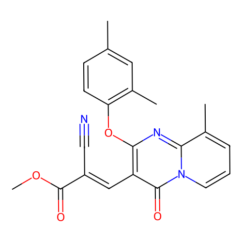 (E)-methyl 2-cyano-3-(2-(2,4-dimethylphenoxy)-9-methyl-4-oxo-4H-pyrido[1,2-a]pyrimidin-3-yl)acrylate structure