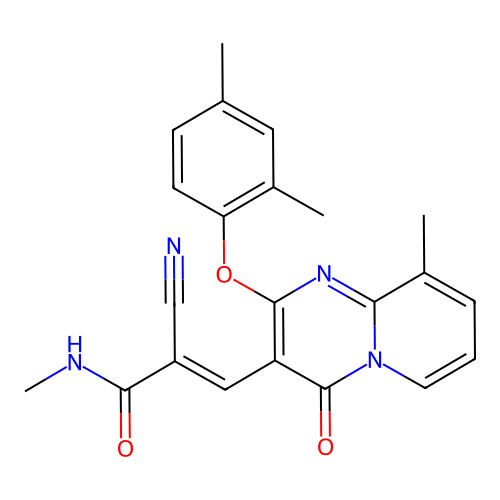(2E)-2-cyano-3-[2-(2,4-dimethylphenoxy)-9-methyl-4-oxo-4H-pyrido[1,2-a]pyrimidin-3-yl]-N-methylprop-2-enamide structure