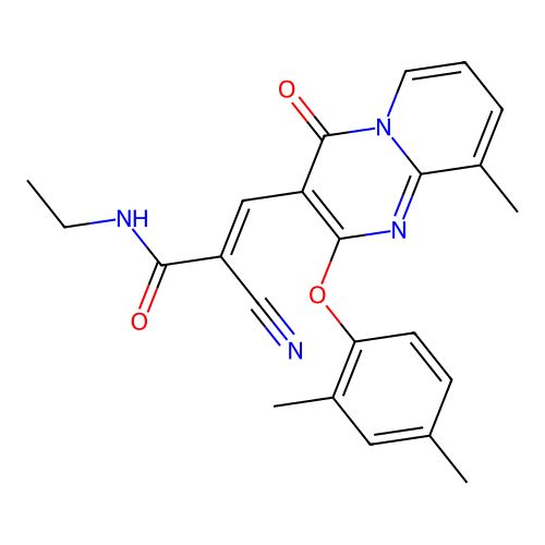 (2E)-2-cyano-3-[2-(2,4-dimethylphenoxy)-9-methyl-4-oxo-4H-pyrido[1,2-a]pyrimidin-3-yl]-N-ethylprop-2-enamide structure