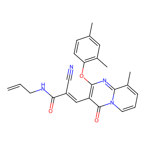 (2E)-2-cyano-3-[2-(2,4-dimethylphenoxy)-9-methyl-4-oxo-4H-pyrido[1,2-a]pyrimidin-3-yl]-N-(prop-2-en-1-yl)prop-2-enamide structure