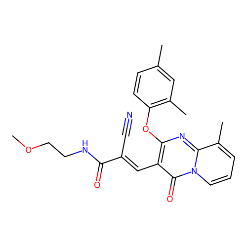 (2E)-2-cyano-3-[2-(2,4-dimethylphenoxy)-9-methyl-4-oxo-4H-pyrido[1,2-a]pyrimidin-3-yl]-N-(2-methoxyethyl)prop-2-enamide structure