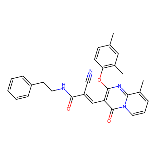 (2E)-2-cyano-3-[2-(2,4-dimethylphenoxy)-9-methyl-4-oxo-4H-pyrido[1,2-a]pyrimidin-3-yl]-N-(2-phenylethyl)prop-2-enamide structure