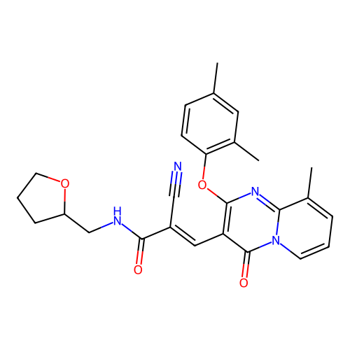 (2E)-2-cyano-3-[2-(2,4-dimethylphenoxy)-9-methyl-4-oxo-4H-pyrido[1,2-a]pyrimidin-3-yl]-N-(tetrahydrofuran-2-ylmethyl)prop-2-enamide structure