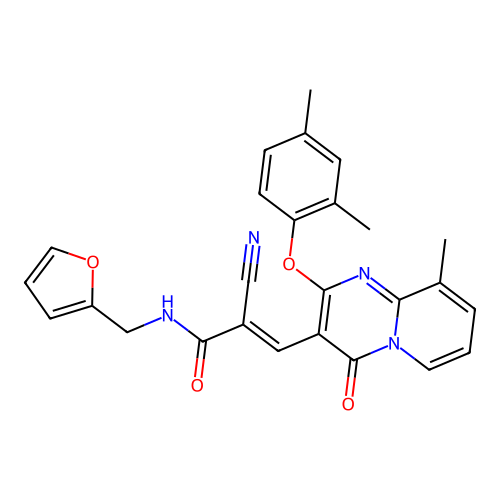 (2E)-2-cyano-3-[2-(2,4-dimethylphenoxy)-9-methyl-4-oxo-4H-pyrido[1,2-a]pyrimidin-3-yl]-N-(furan-2-ylmethyl)prop-2-enamide structure
