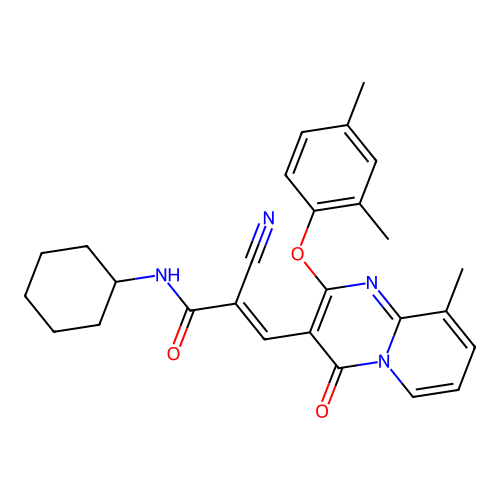 (2E)-2-cyano-N-cyclohexyl-3-[2-(2,4-dimethylphenoxy)-9-methyl-4-oxo-4H-pyrido[1,2-a]pyrimidin-3-yl]prop-2-enamide structure