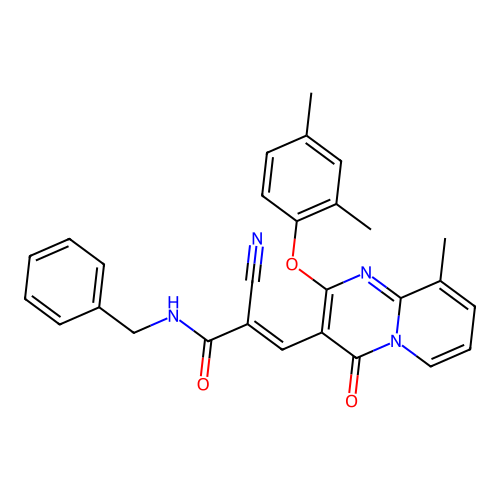(2E)-N-benzyl-2-cyano-3-[2-(2,4-dimethylphenoxy)-9-methyl-4-oxo-4H-pyrido[1,2-a]pyrimidin-3-yl]prop-2-enamide structure