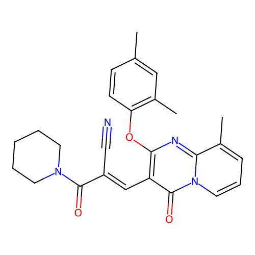 (2E)-3-[2-(2,4-dimethylphenoxy)-9-methyl-4-oxo-4H-pyrido[1,2-a]pyrimidin-3-yl]-2-(piperidin-1-ylcarbonyl)prop-2-enenitrile structure