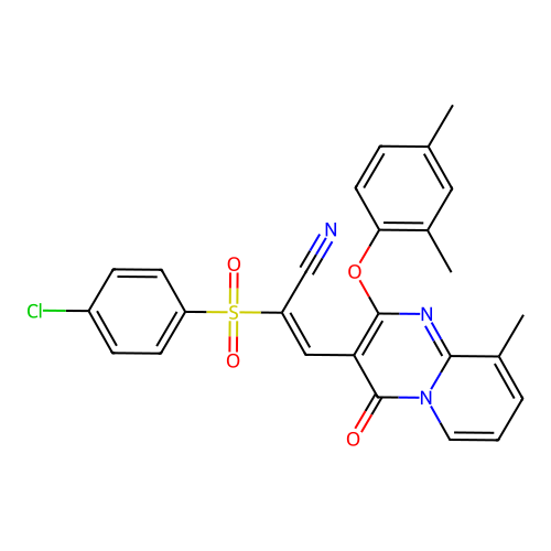 (2E)-2-[(4-chlorophenyl)sulfonyl]-3-[2-(2,4-dimethylphenoxy)-9-methyl-4-oxo-4H-pyrido[1,2-a]pyrimidin-3-yl]prop-2-enenitrile structure