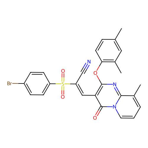(2E)-2-[(4-bromophenyl)sulfonyl]-3-[2-(2,4-dimethylphenoxy)-9-methyl-4-oxo-4H-pyrido[1,2-a]pyrimidin-3-yl]prop-2-enenitrile structure
