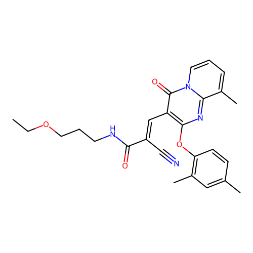 (2E)-2-cyano-3-[2-(2,4-dimethylphenoxy)-9-methyl-4-oxo-4H-pyrido[1,2-a]pyrimidin-3-yl]-N-(3-ethoxypropyl)prop-2-enamide structure