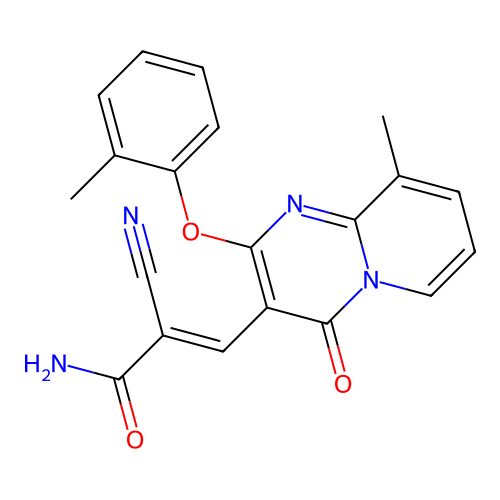 (2E)-2-cyano-3-[9-methyl-2-(2-methylphenoxy)-4-oxo-4H-pyrido[1,2-a]pyrimidin-3-yl]prop-2-enamide structure